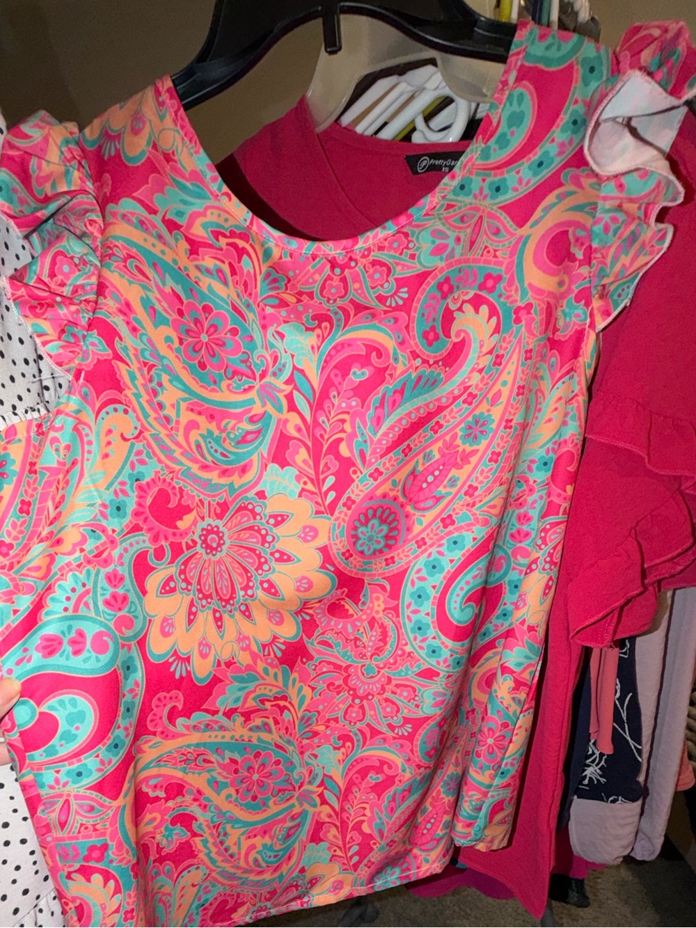 Pink Turquoise Paisley Ruffle Sleeve Bow Blouse Top Small